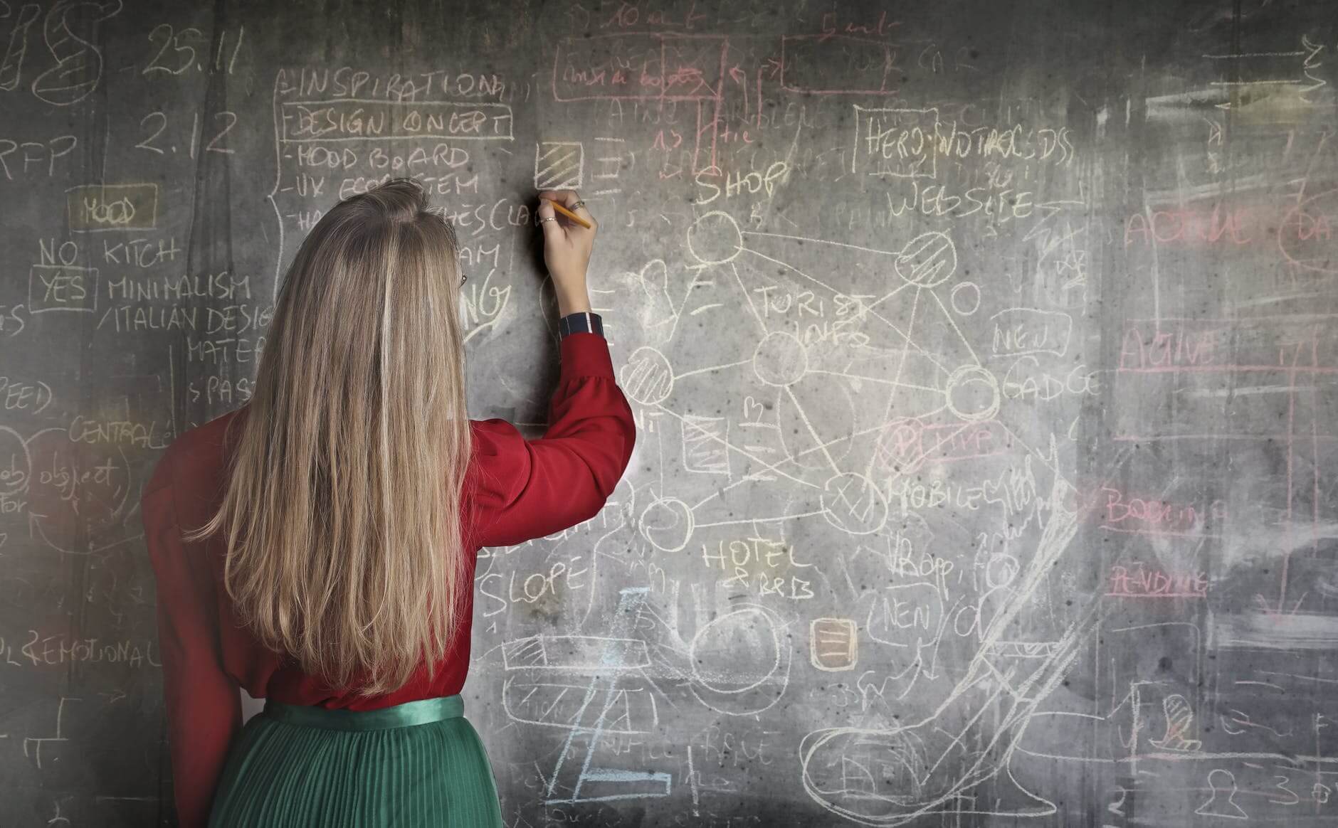 Earn $10,000 Per Month Online, Using What You Already Know - woman sitting on brown wooden chair while using silver laptop computer in room  - woman in red long sleeve writing on chalk board