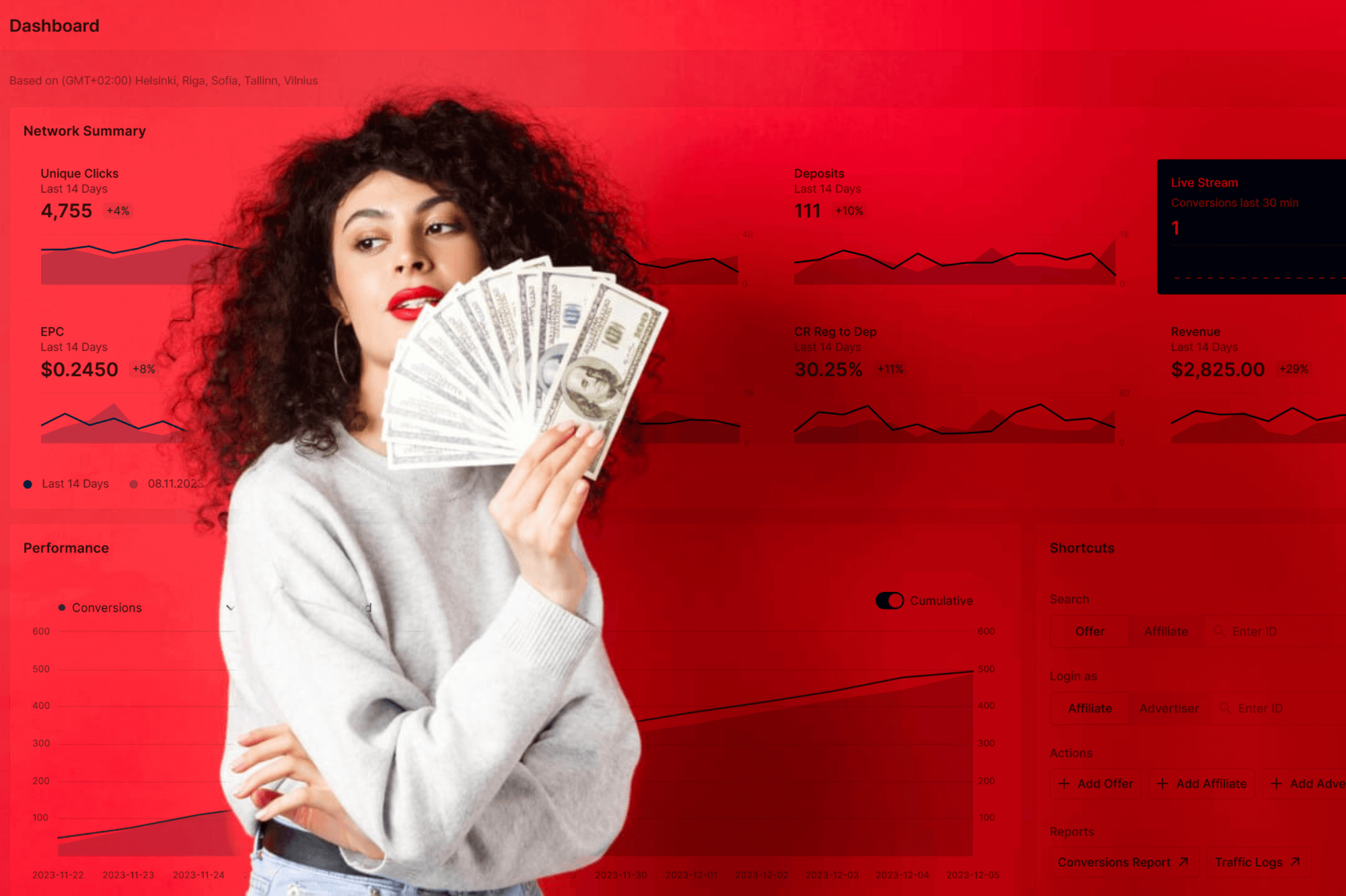 How to Work with the RevShare Model in iGaming Business? 2026 Operator’s Guide - scaleo screenshot cash lady red