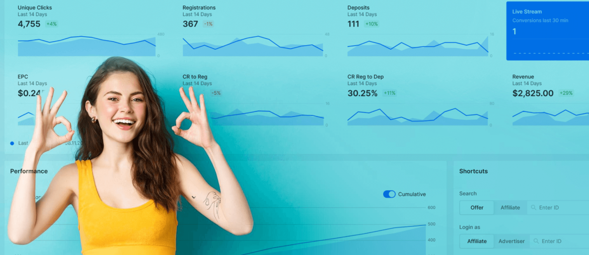 scaleo screenshot igaming affiliate marketing woman interface
