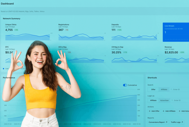 scaleo screenshot igaming affiliate marketing woman interface