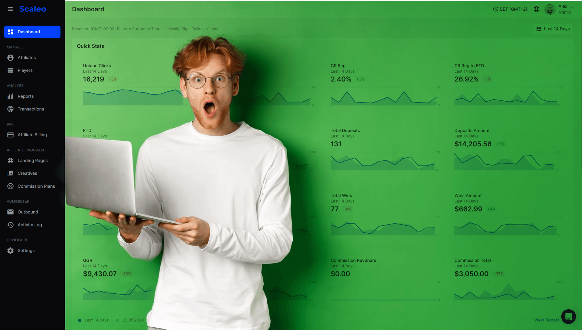 Scaleo man with laptop betting affiliate software platform