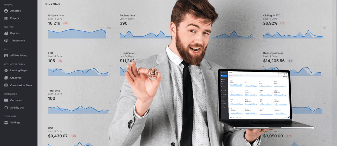 scaleo dashboard - a man holding a laptop with scaleo dashboard