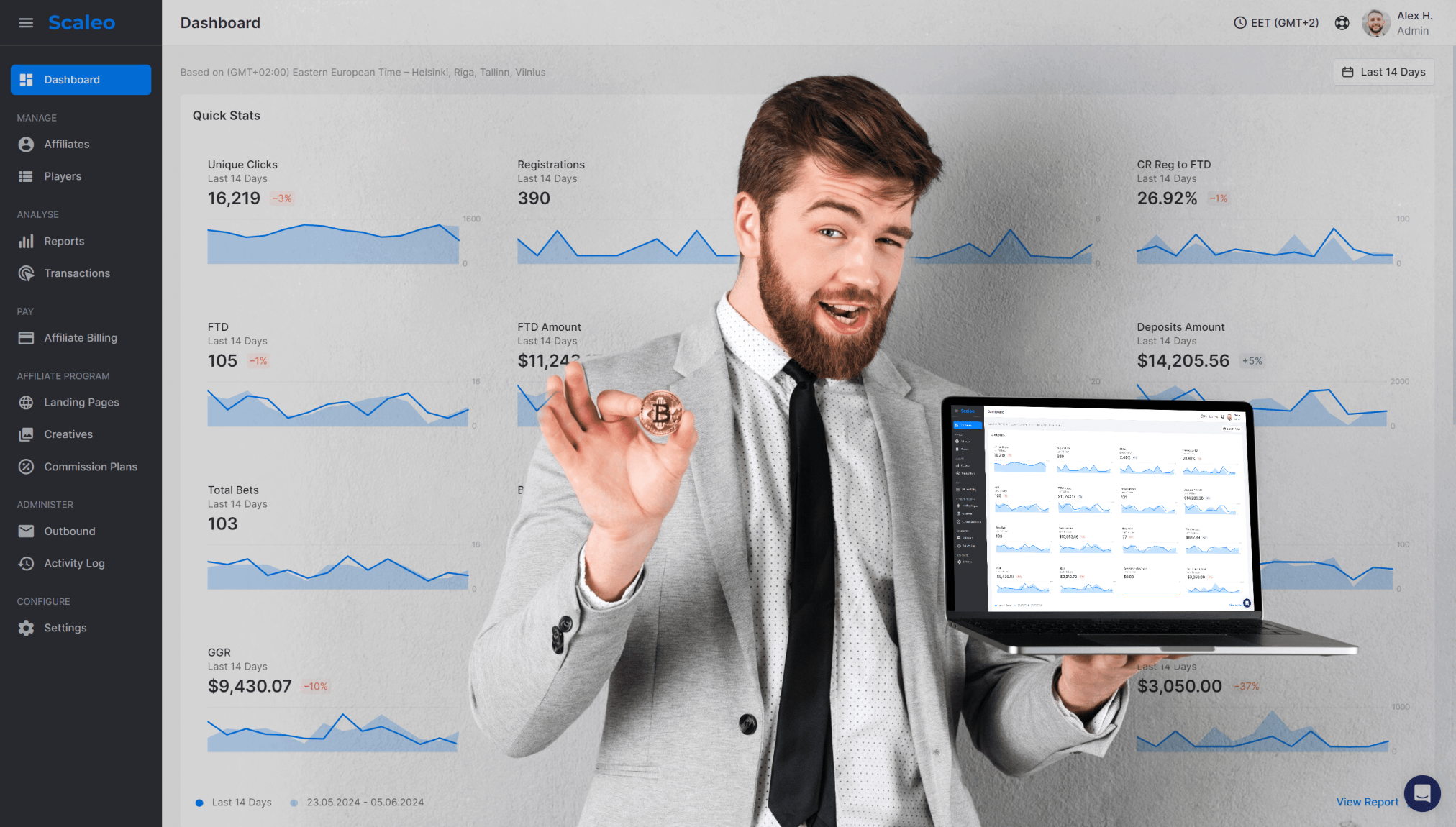 The Forces Fueling iGaming’s Explosive Growth in 2025 - iGaming growth scaleo dashboard - a man holding a laptop with scaleo dashboard