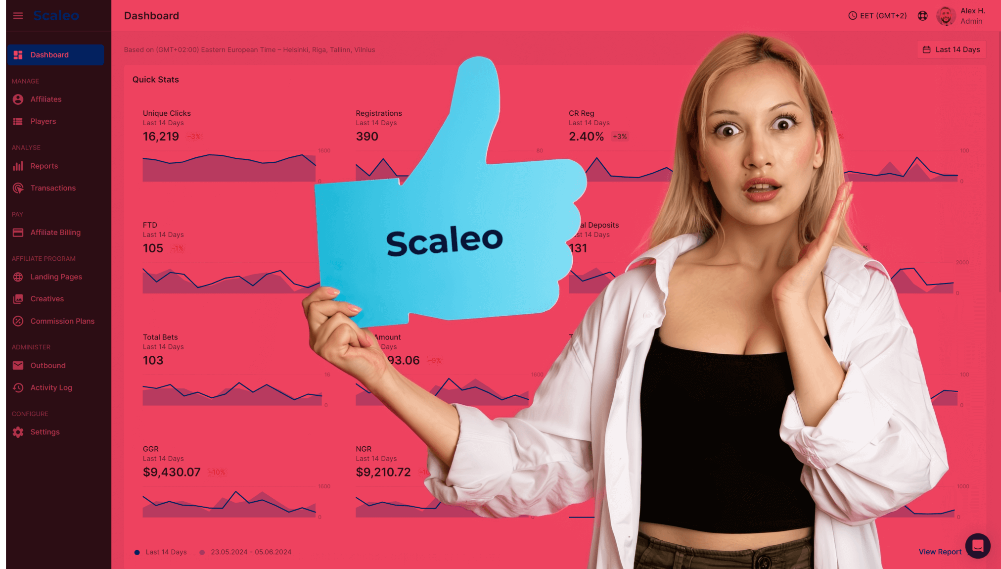 iGaming Business in 2025: Starting and Growing Your Online Gambling Enterprise - iGaming business in 2025 Scaleo interface woman thumbs up