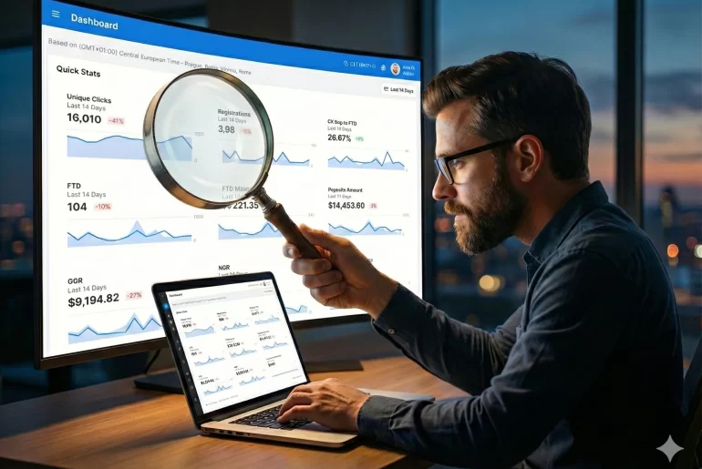 Scaleo - a businessman analyzing data on screens.